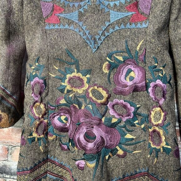 Vintage Johnny Was Biya Embroidered Long Line Button Front Wool Trench Coat XS - Picture 11 of 13